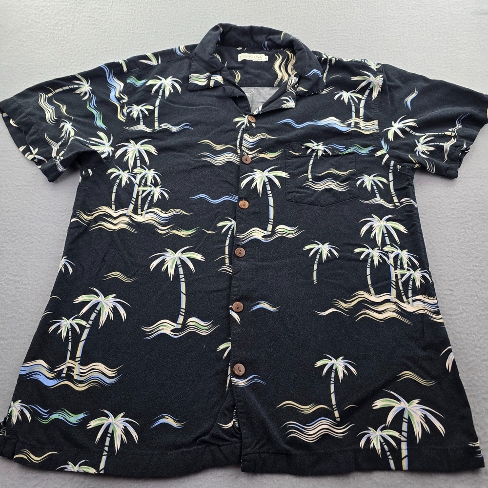 Young USA Hawaiian Shirt Mens Medium Black Palm Tree Tropical Rayon Resortwear